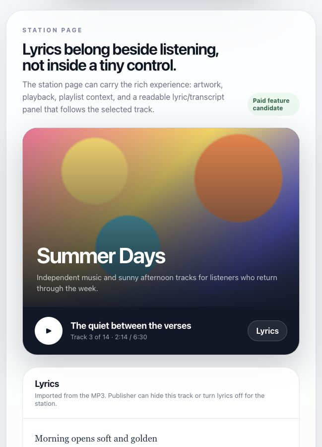 Mockup of an iRadeo station page with lyrics beside the playlist